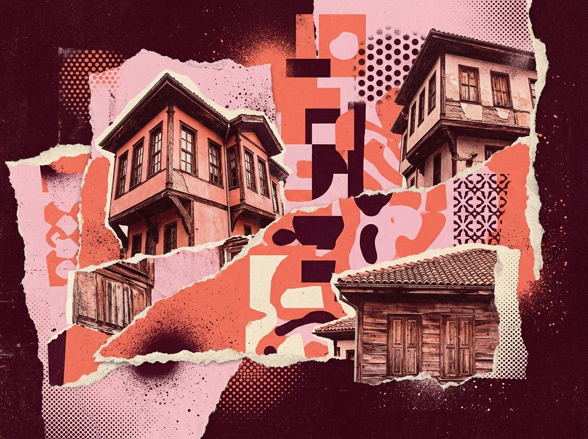 Odunpazarı evlerini soyut duvar sanatıyla buluşturan bordo, mercan ve pembe afiş kolajı