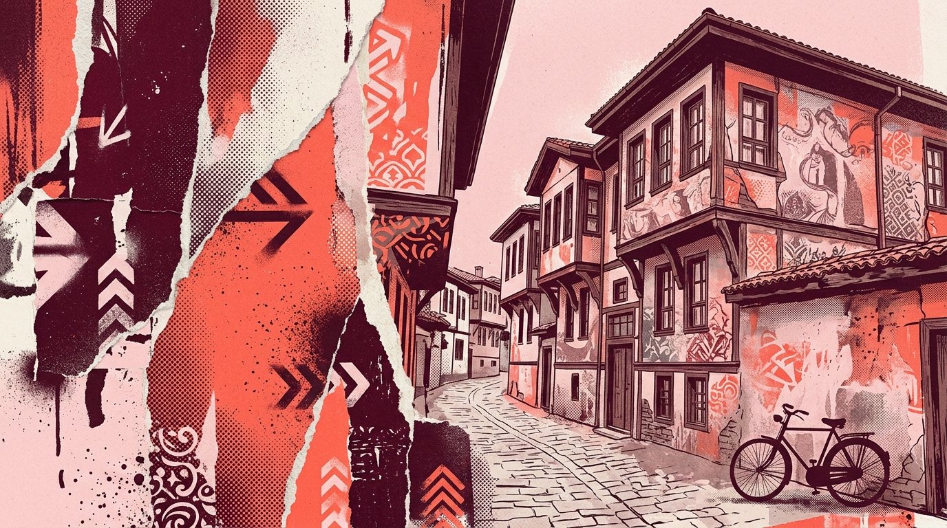 Odunpazarı’nın ahşap evlerini, taş sokağını ve bisiklet siluetini birleştiren pembe ve mercan konsept kolajı