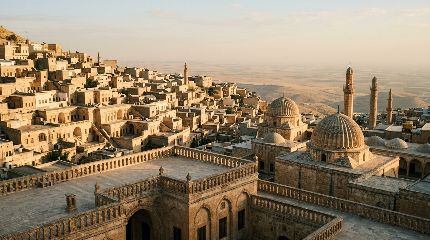 Güneş ışığında Mardin'in taş evleri ve Mezopotamya ovası