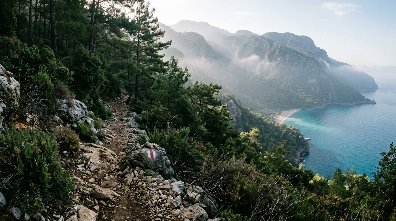 Faralya–Kabak kıyı patikası ve çam ormanları arasından Kabak Koyu