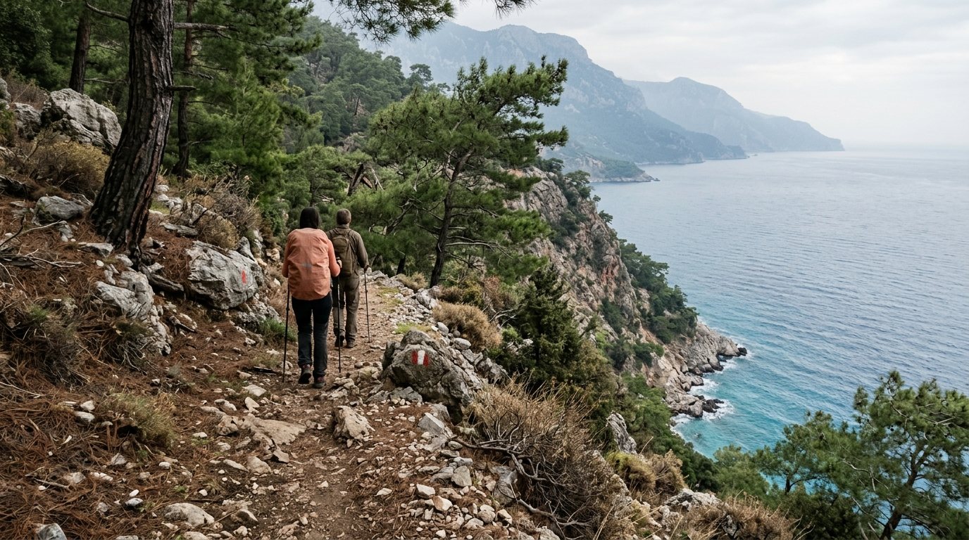 Faralya–Kabak kıyı patikasında yürüyen iki doğa yürüyüşçüsü