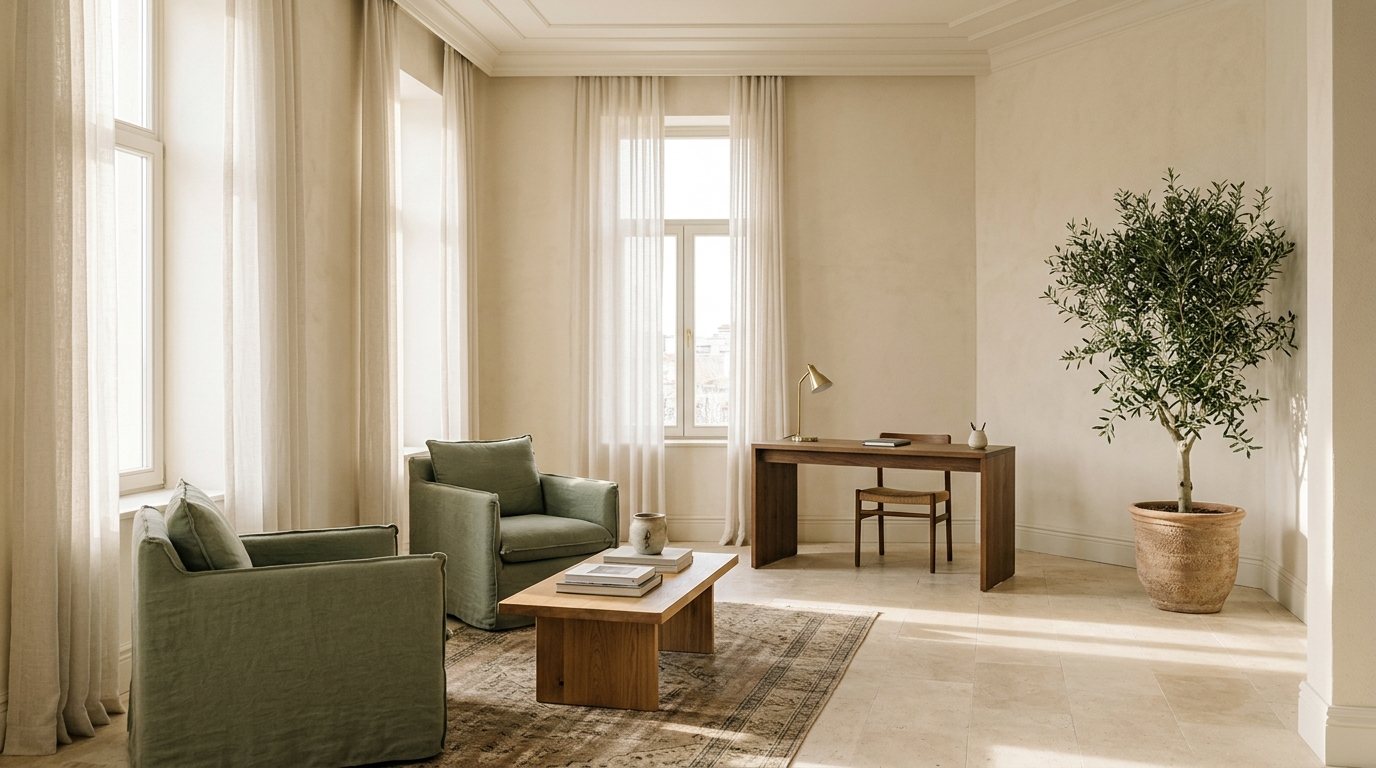 Gün ışığı alan, adaçayı yeşili koltuklar ve ahşap çalışma alanıyla sakin otel salonu