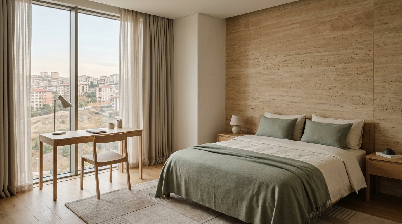 Fildişi yatak tekstilleri, adaçayı tonları ve pencere yanında çalışma masası bulunan temsili otel odası