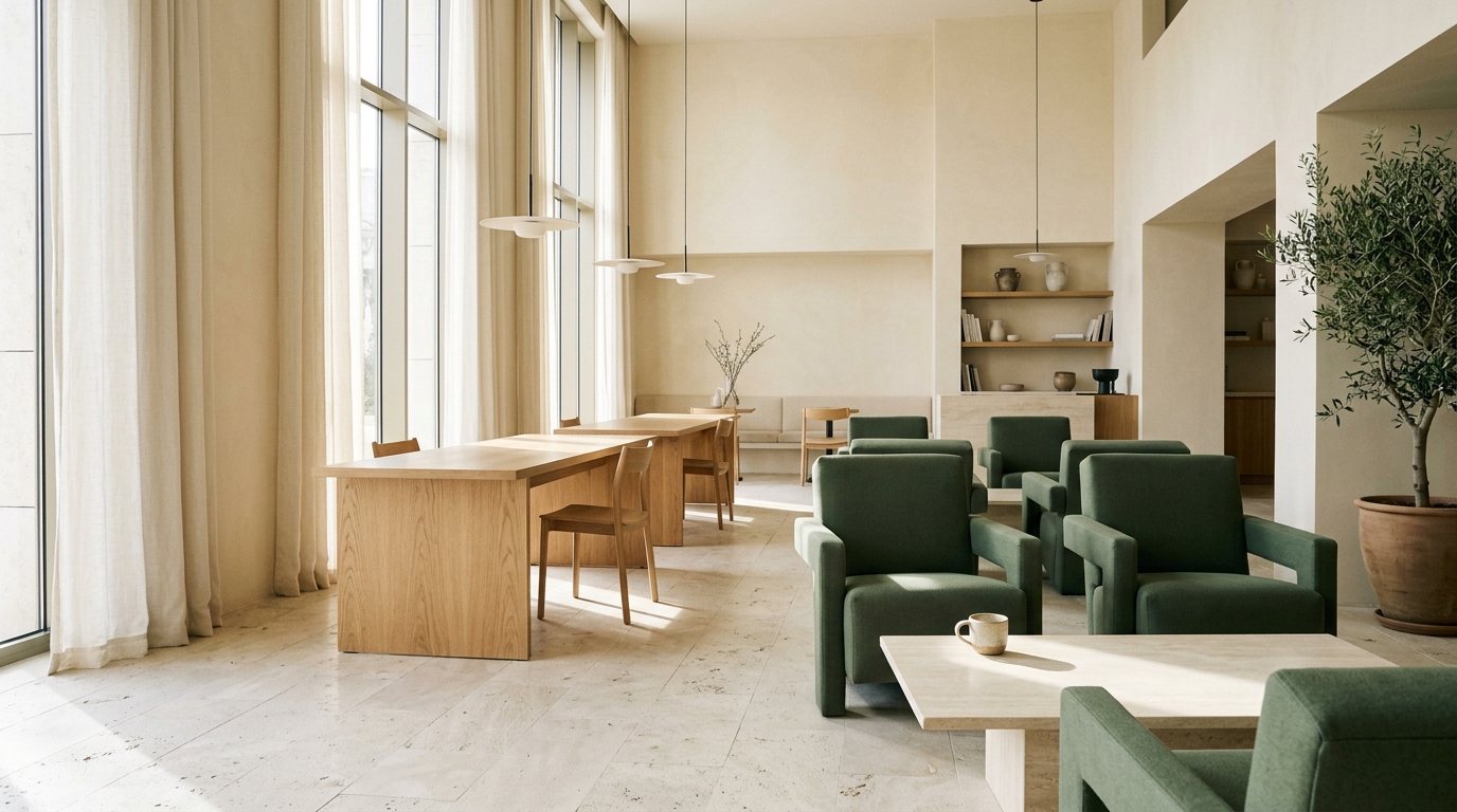 Pencere yanında ahşap çalışma masası ve adaçayı yeşili koltuklarla gün ışığı alan temsili otel salonu