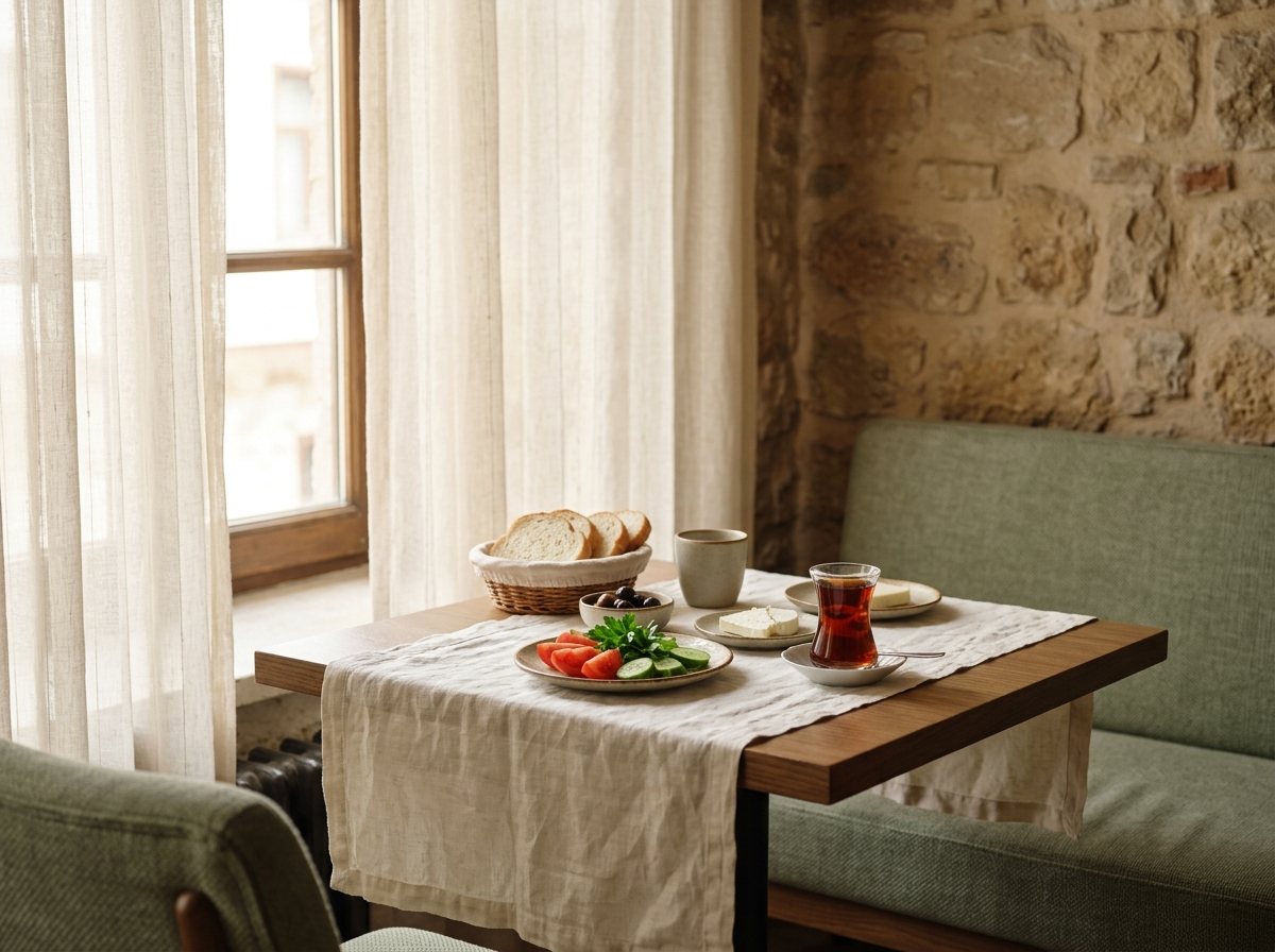 Pencere yanında ahşap masada ekmek, peynir, zeytin ve çay ile sade bir temsili kahvaltı