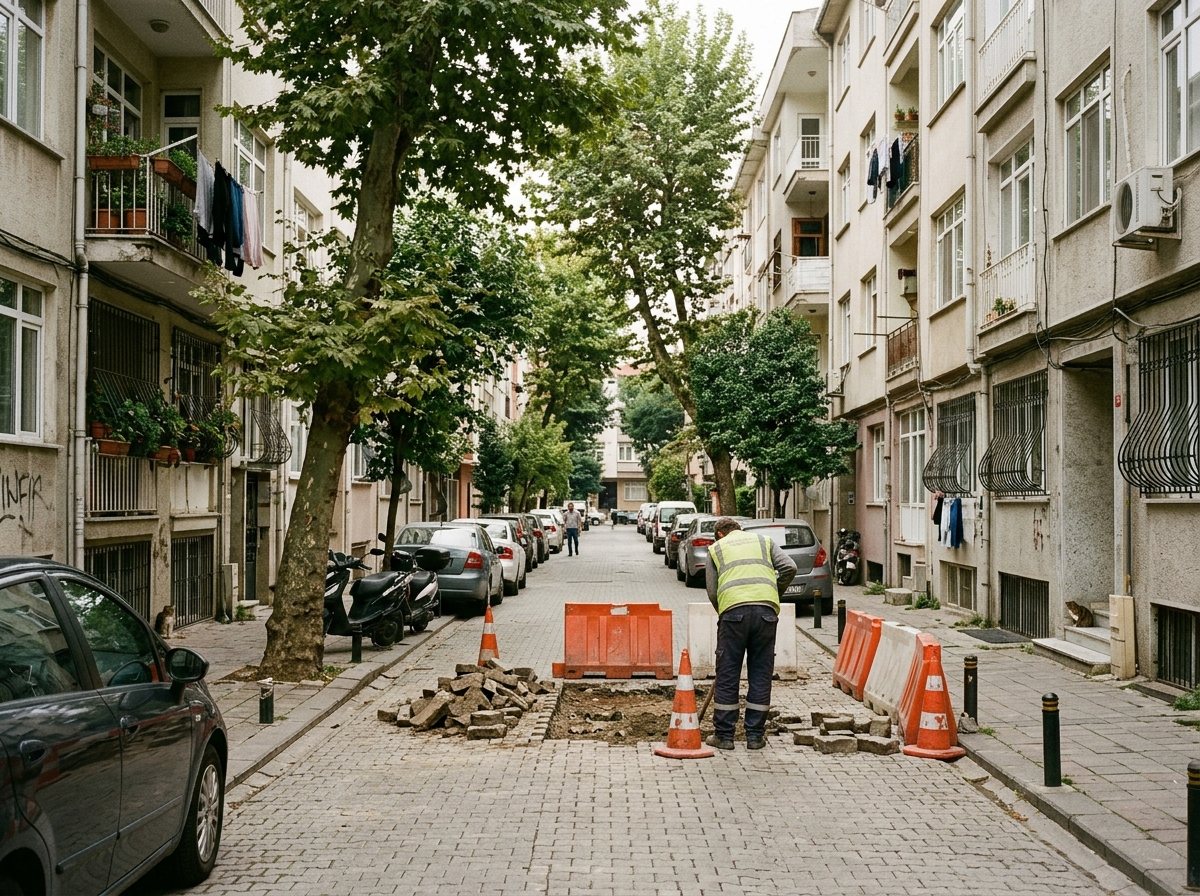 Moda’da ağaçlıklı bir sokakta yol onarımını gösteren temsili görsel