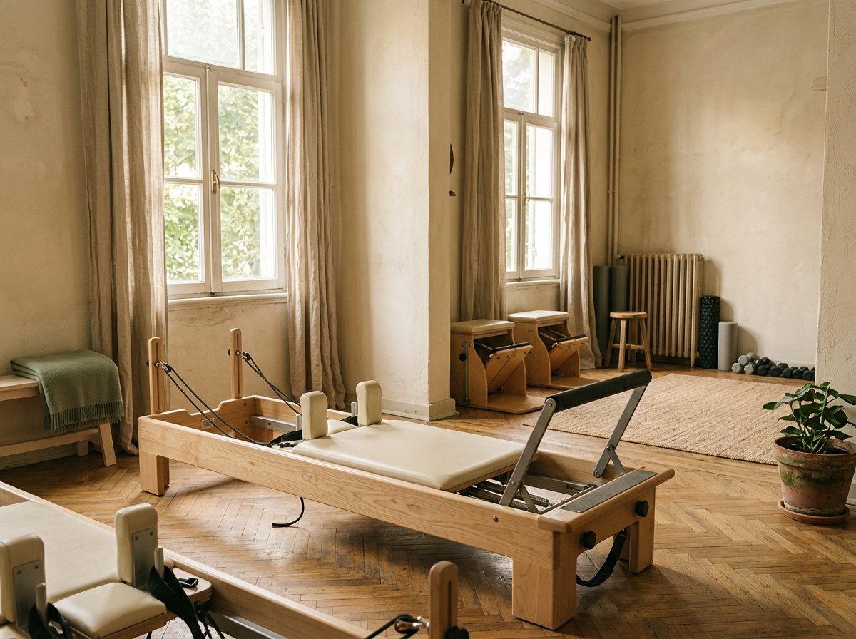 Gün ışığında ahşap reformer cihazları ve keten perdeleriyle butik Pilates stüdyosu; temsili görsel