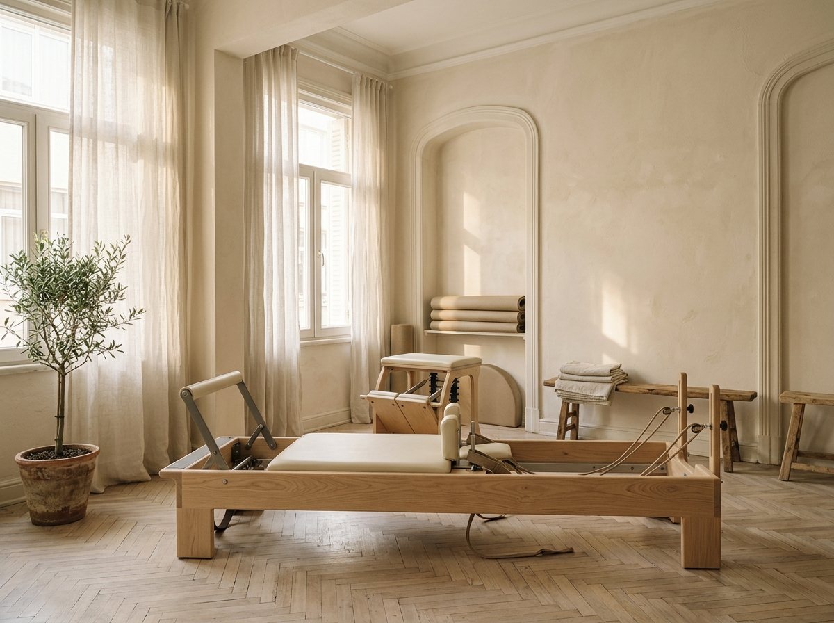 Gün ışığı alan, ahşap reformer ekipmanlı butik Pilates stüdyosu; temsili görsel