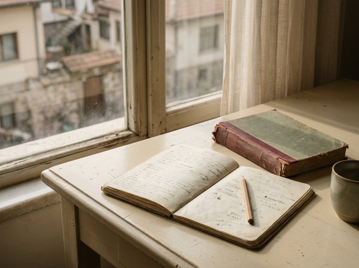 Pencere ışığında açık bir kelime defteri, eski bir kitap ve kurşun kalem.