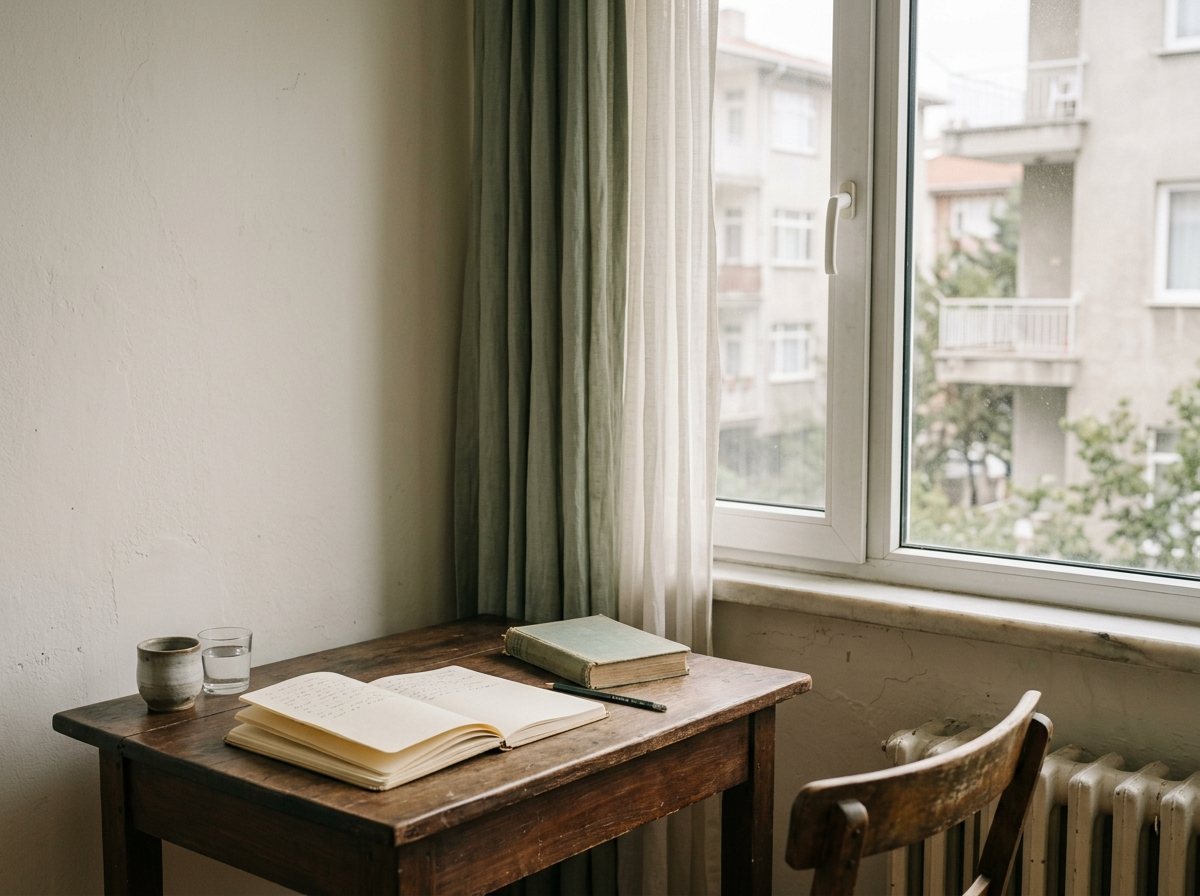 Pencere ışığında açık bir not defteri, kurşun kalem ve yıpranmış bir kitap.