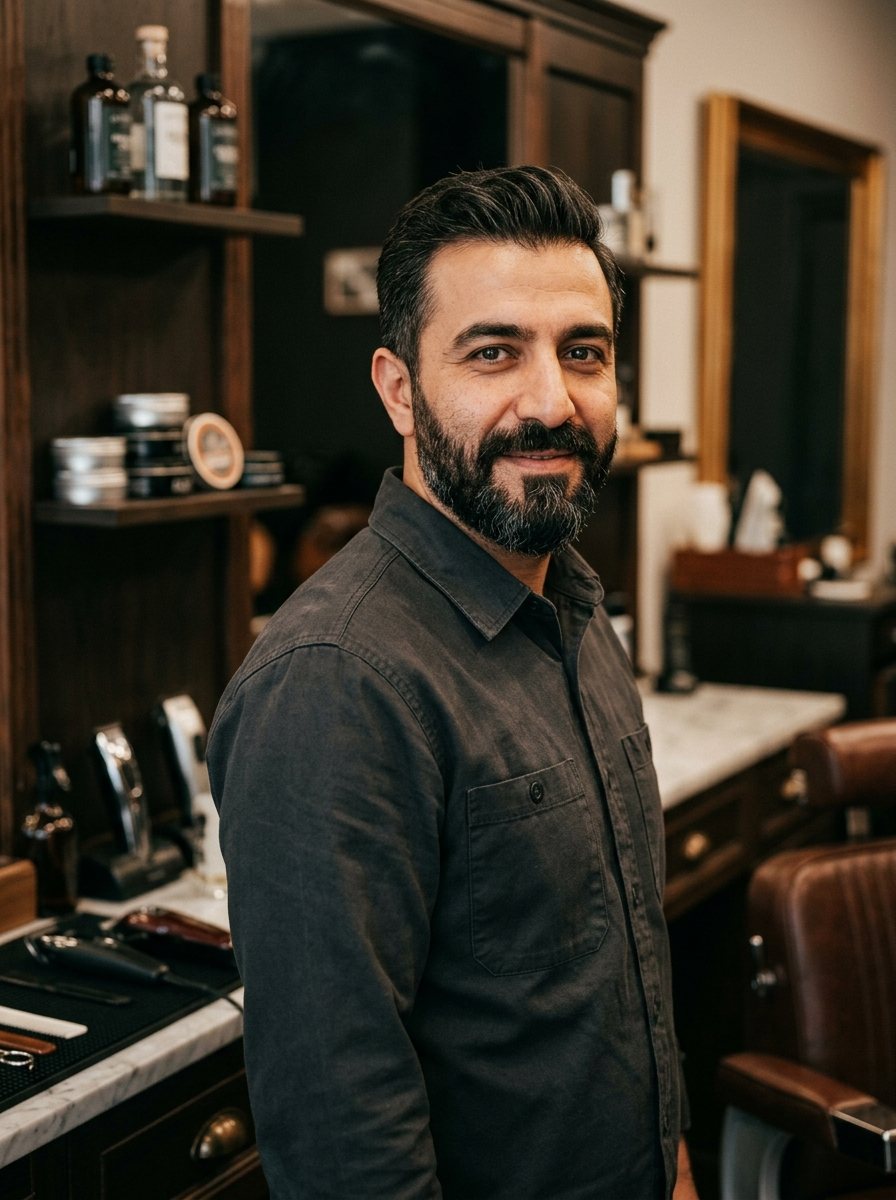 Eren, özenle şekillendirilmiş sakalı ve koyu gömleğiyle salon tezgâhında
