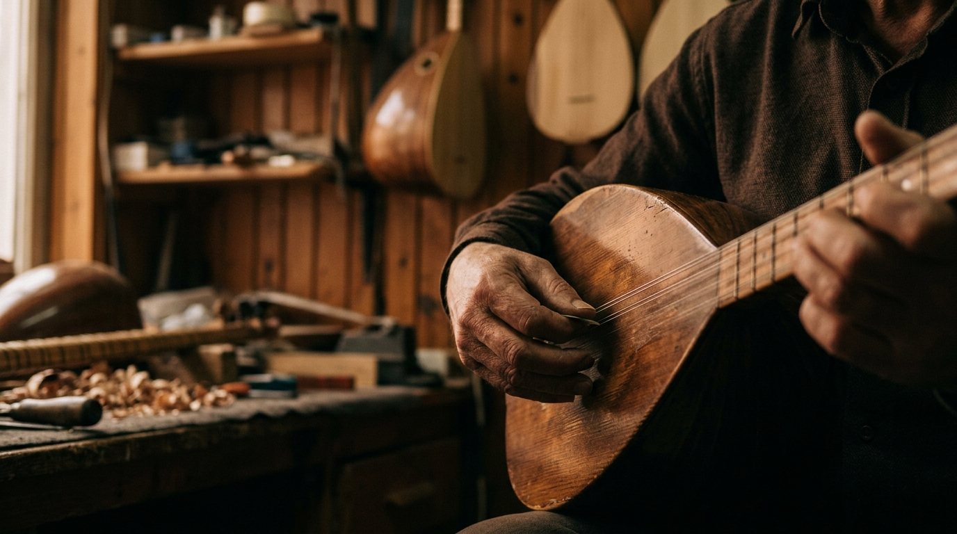 Atölyede kısa sap bağlama çalan hocanın elleri