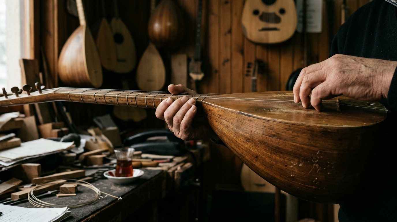 Atölye hocasının ellerinde ceviz gövdeli bağlama