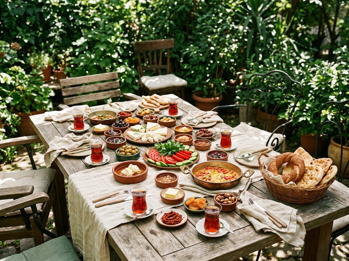 Yaprakların gölgesindeki masada peynir, zeytin, domates, ekmek ve çayla hazırlanmış temsili kahvaltı sofrası