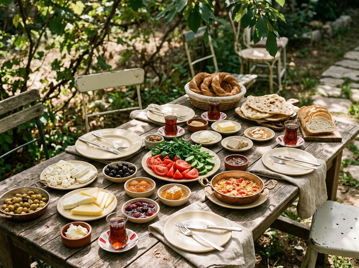 Peynirler, zeytinler, taze sebzeler ve çayla hazırlanmış temsili serpme kahvaltı