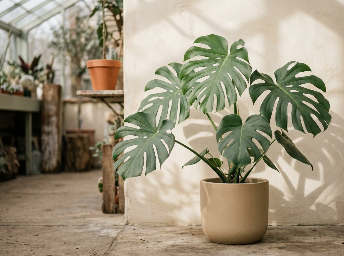 Aydınlık atölyede kum rengi saksıda Monstera