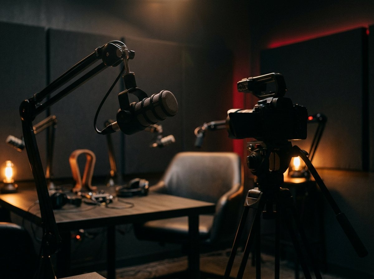 Sıcak ışıklı bir görüntülü podcast kayıt düzeninde mikrofon ve kamera; temsili atmosfer görseli
