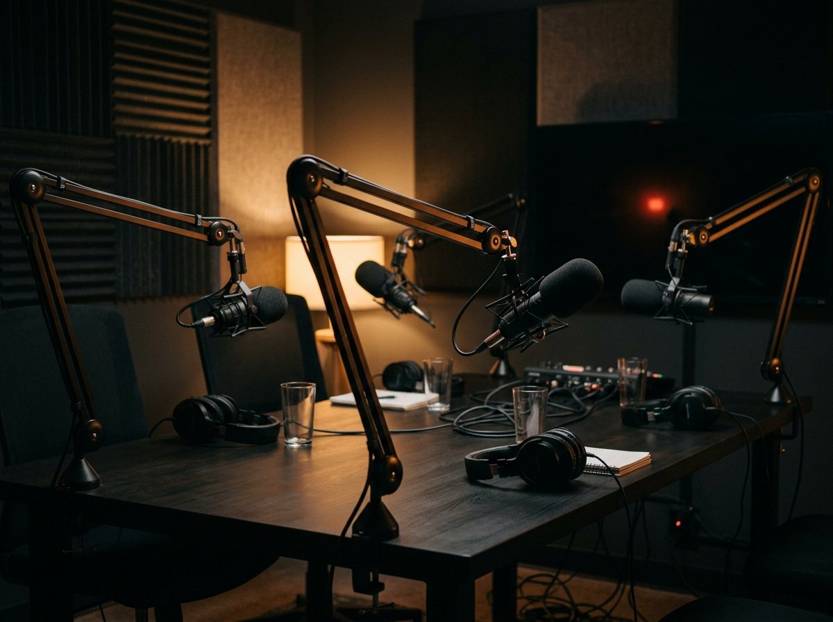 Kehribar ışık altında dört mikrofonlu bir podcast masası; temsili atmosfer görseli