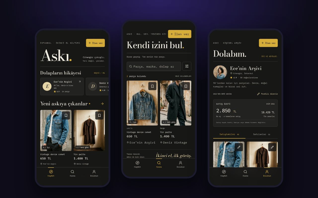 Askı: ikinci el giyim alım satım uygulaması şablonu önizlemesi