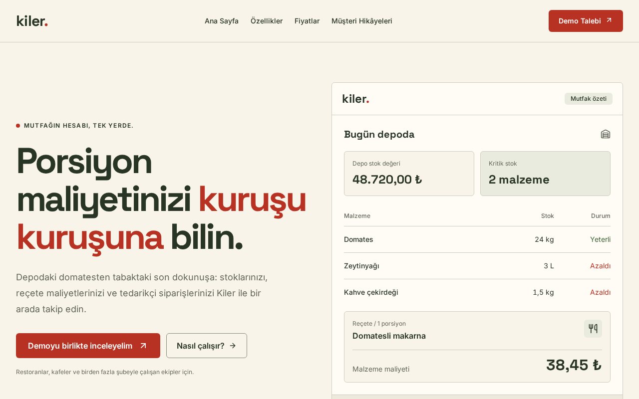 Kiler: restoran stok yazılımı şablonu önizlemesi